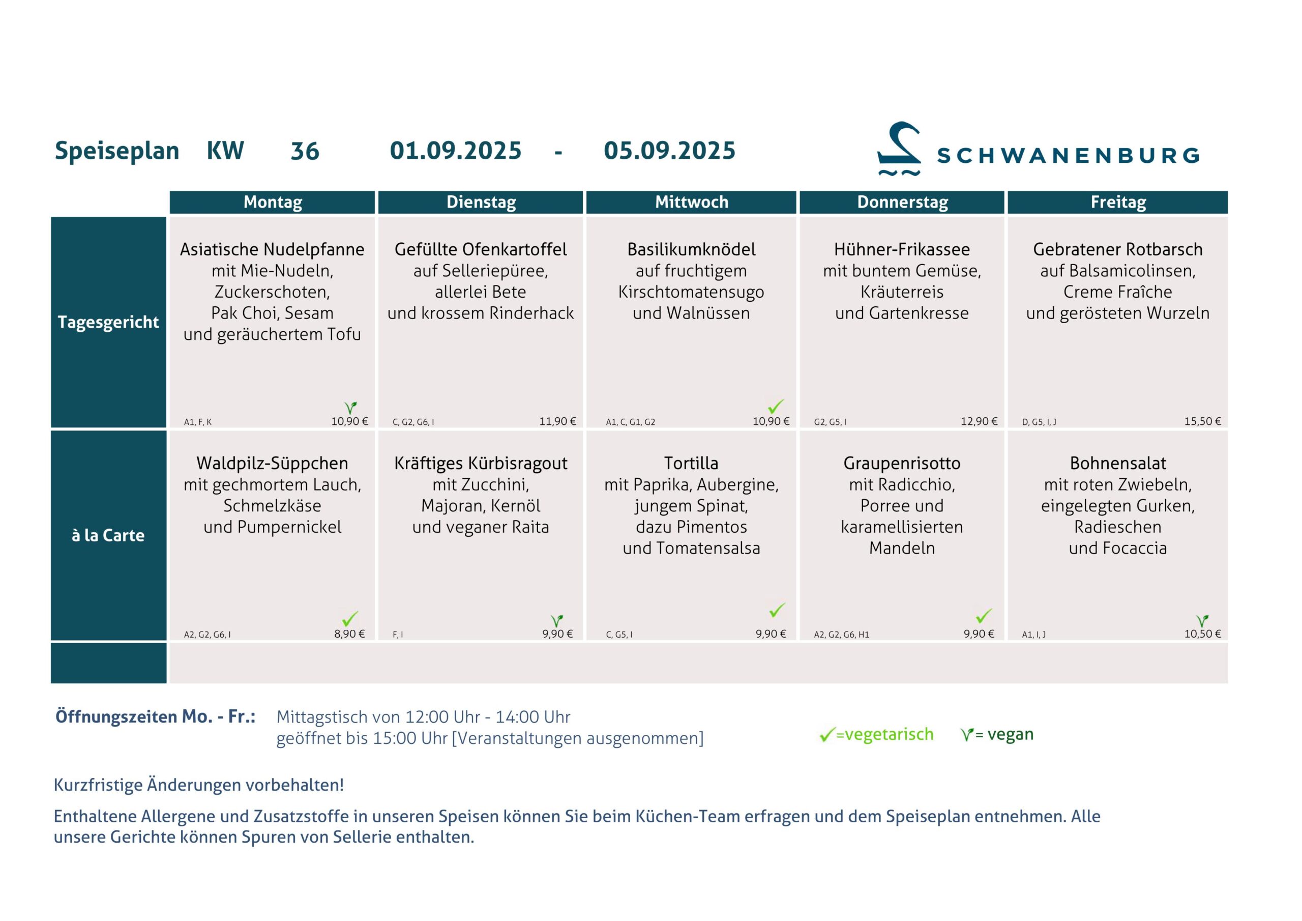 Speiseplan Schwanenburg KW 36