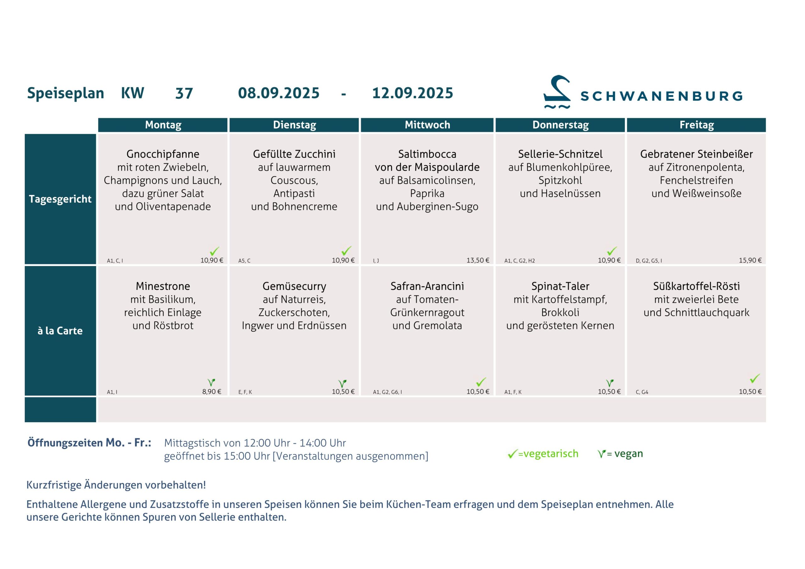 Speiseplan Schwanenburg KW 37