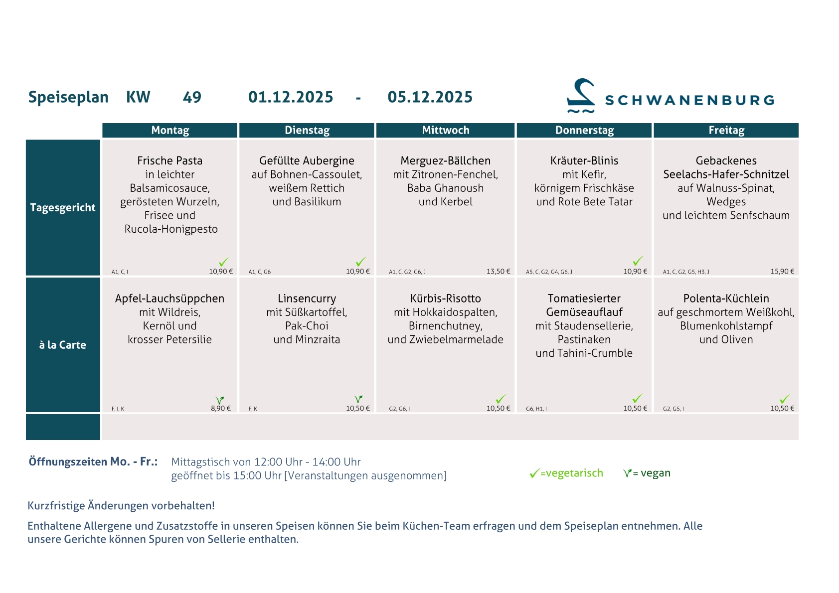 Speiseplan Schwanenburg KW 49