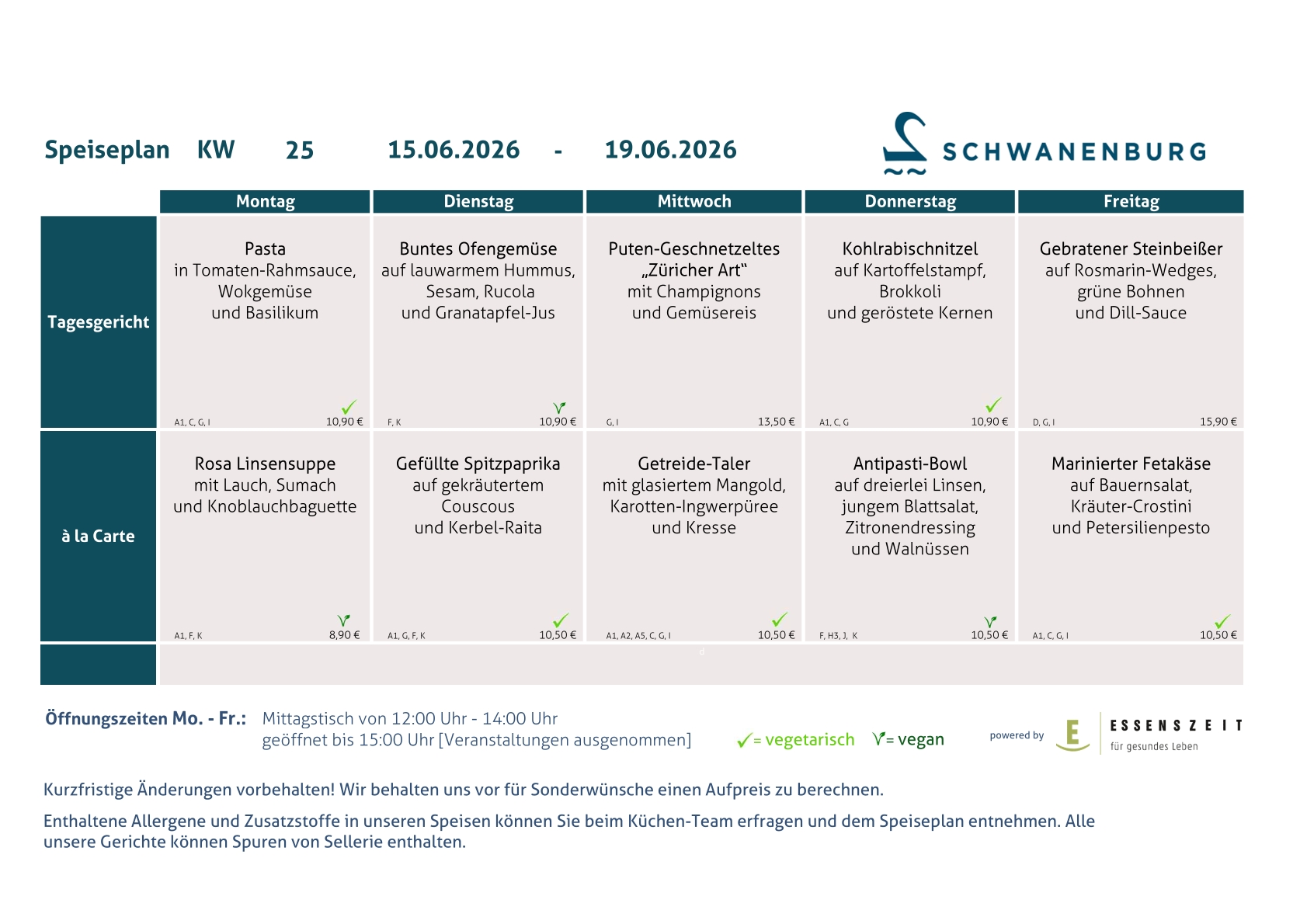 Speiseplan Schwanenburg KW 25