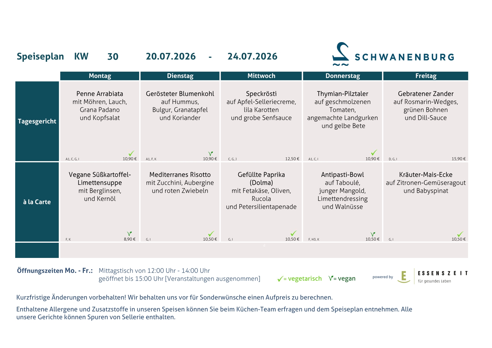Speiseplan Schwanenburg KW 30
